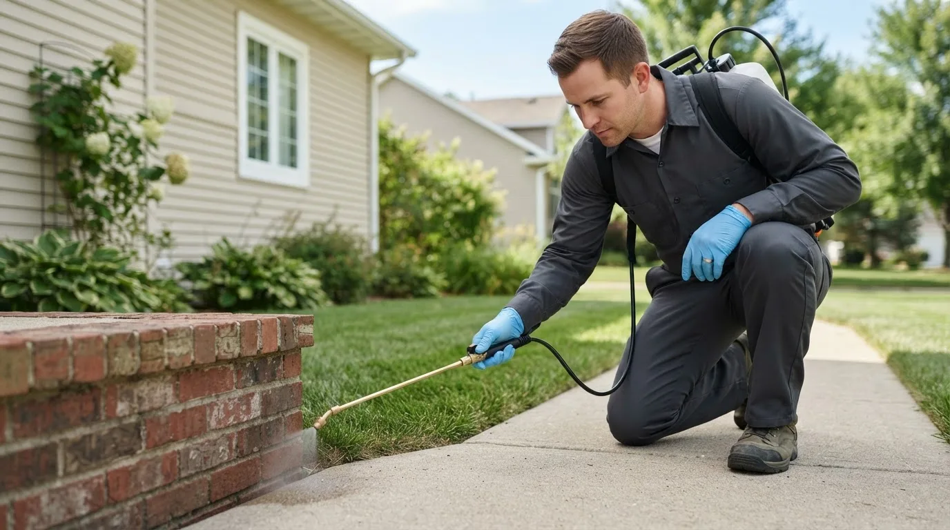 Pest control technician treating a home near Monclova, OH